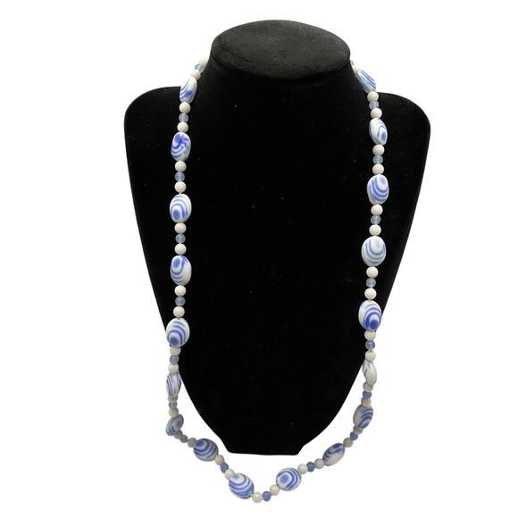 Vintage Necklace Dutch Porcelain Blue & White Swirl Beads 925 Clasp 26” Delft - Picture 2 of 11